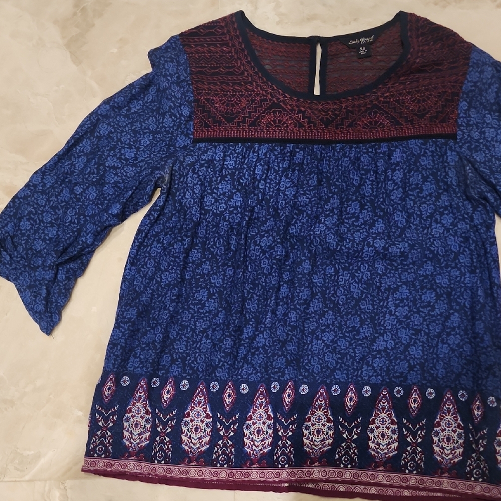 Lucky Brand Navy and Burgundy Patterned Blouse
